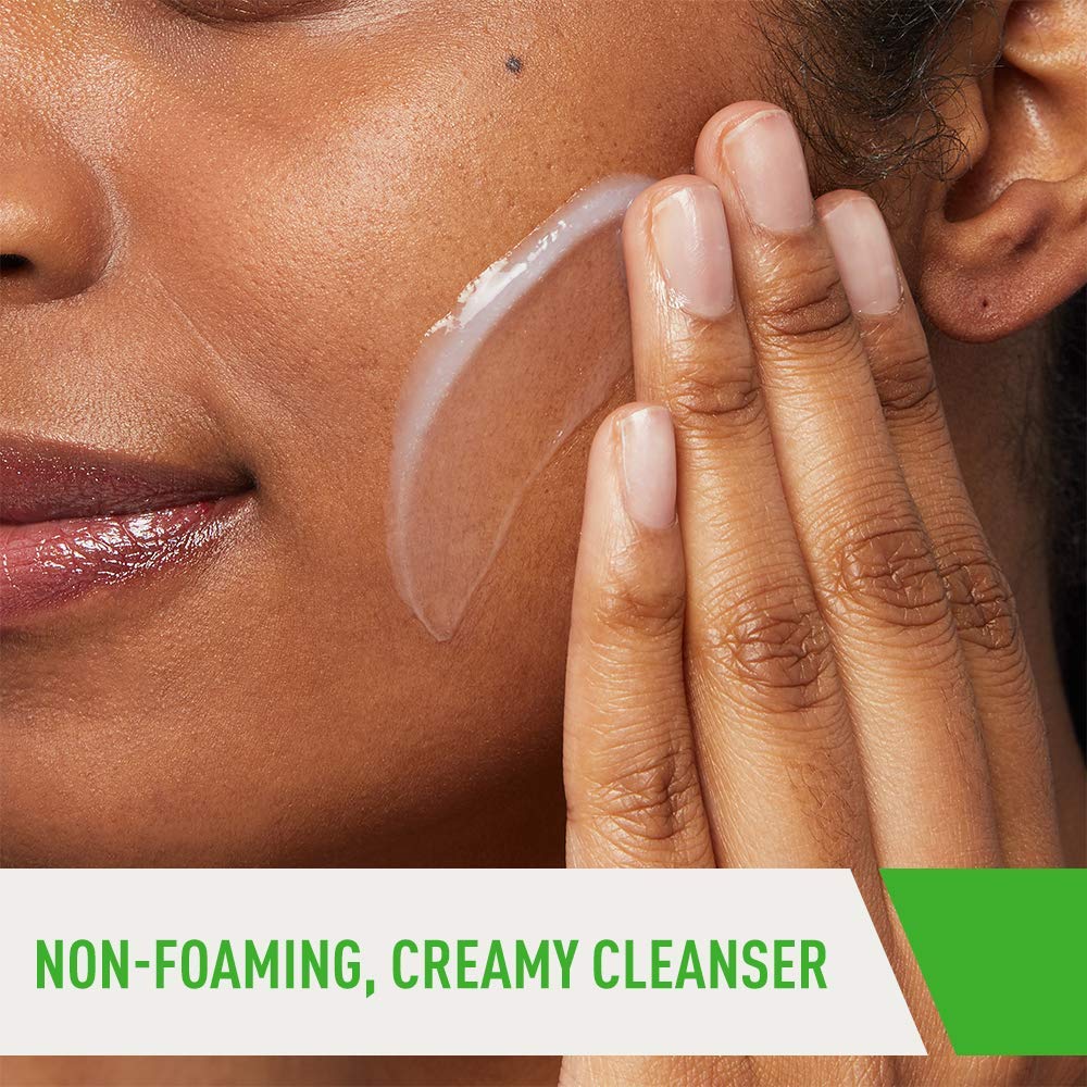 Dispensing CeraVe cleanser from bottle demonstrating easy, non-stripping use