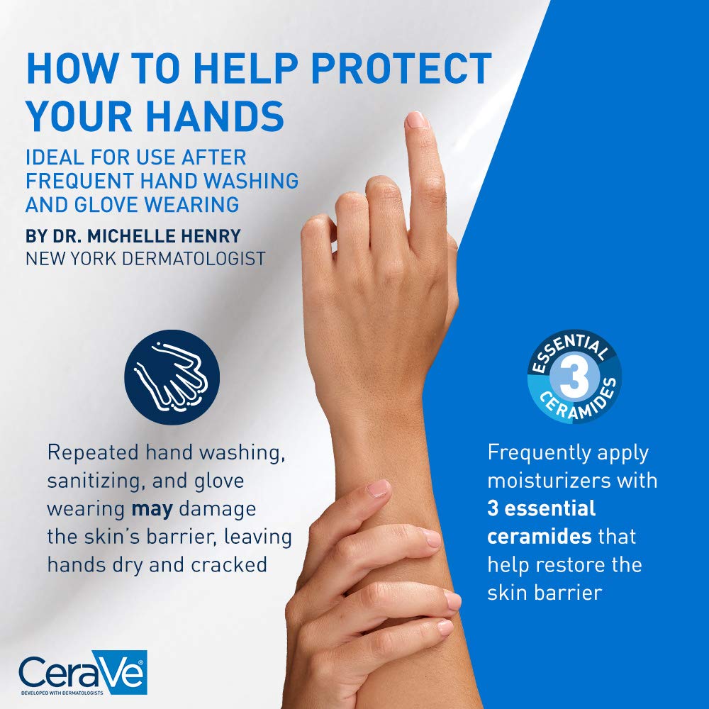 CeraVe being applied to dry hands illustrating barrier support and instant comfort