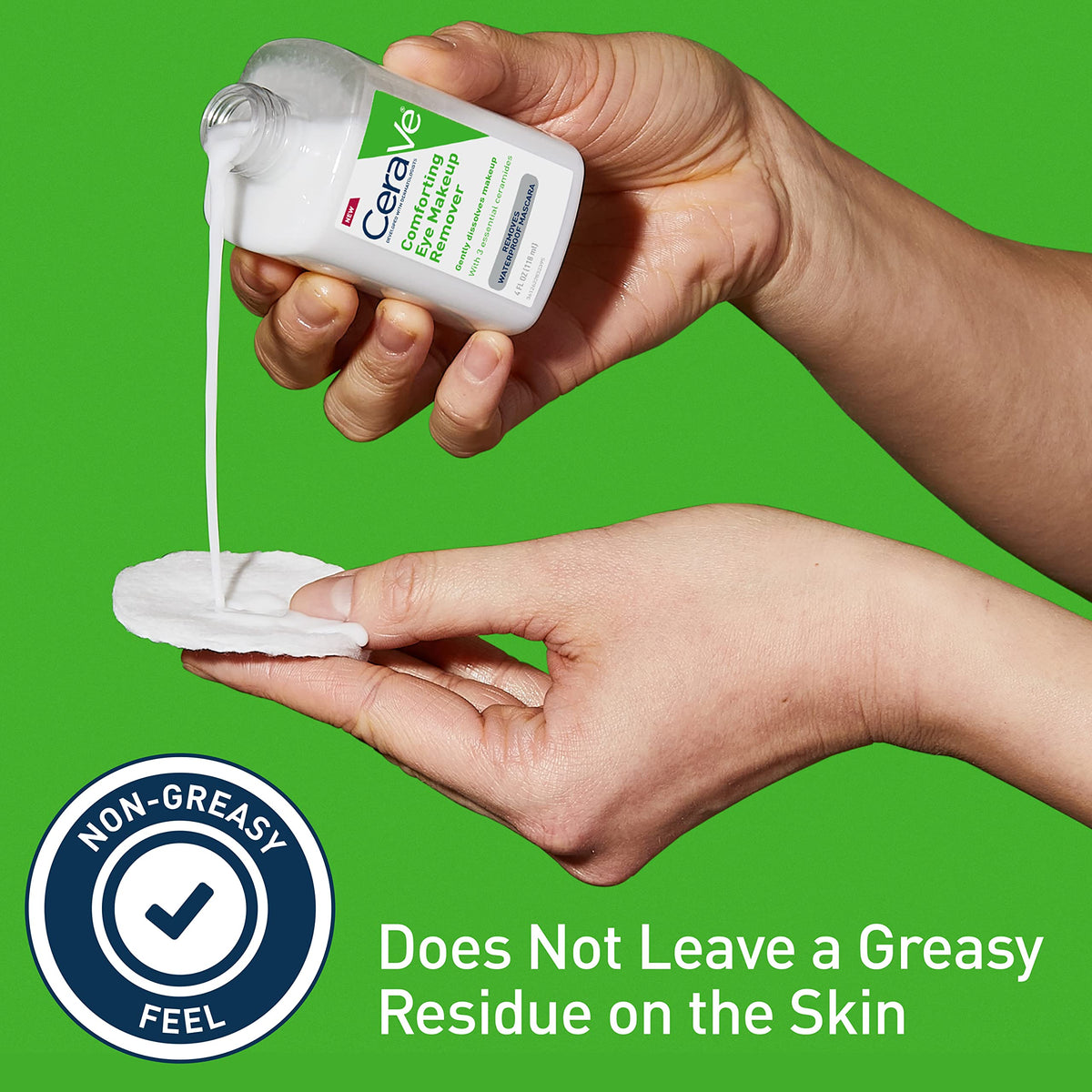 CeraVe bottle applied to a cotton pad demonstrating easy, gentle makeup removal