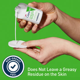 CeraVe bottle applied to a cotton pad demonstrating easy, gentle makeup removal