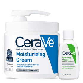 CeraVe front packaging showing both cleanser and 16oz cream, clear product presentation and benefits
