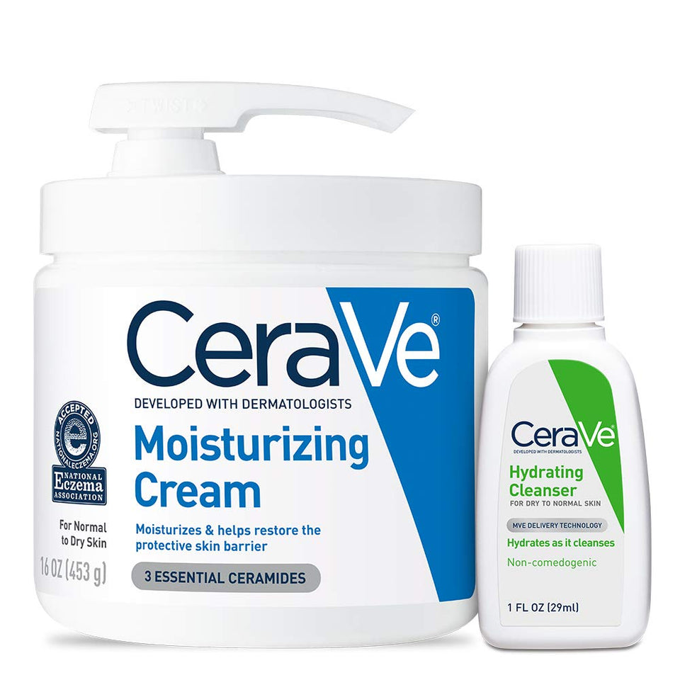 CeraVe front packaging showing both cleanser and 16oz cream, clear product presentation and benefits
