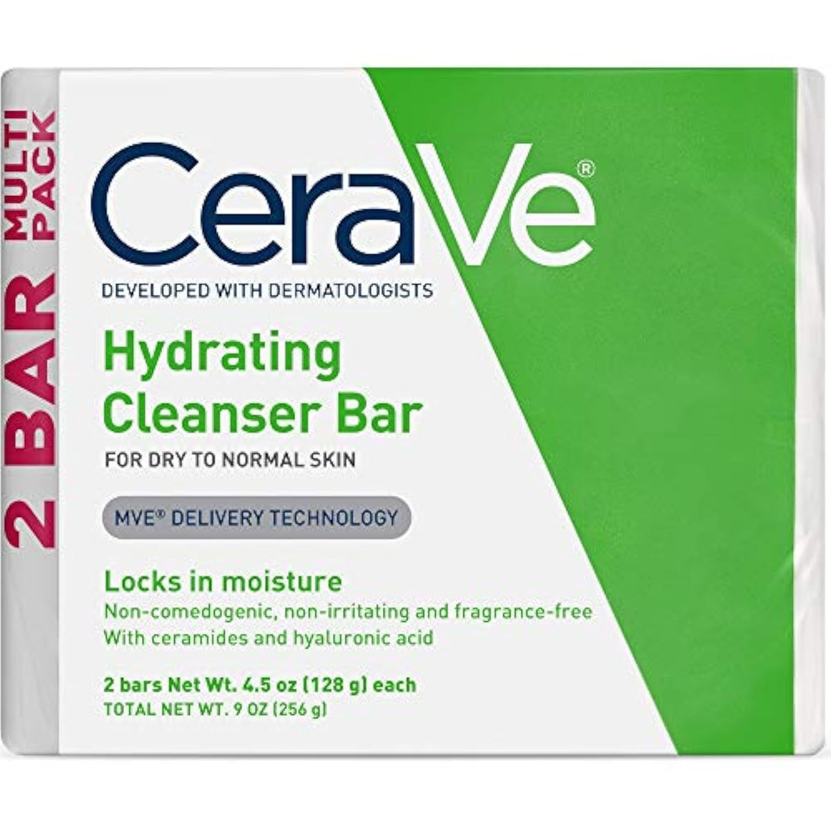 CeraVe hydrating cleanser bar front packaging showing product benefits and 2-pack