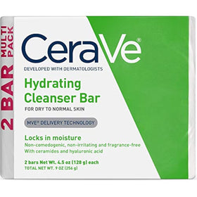 CeraVe hydrating cleanser bar front packaging showing product benefits and 2-pack