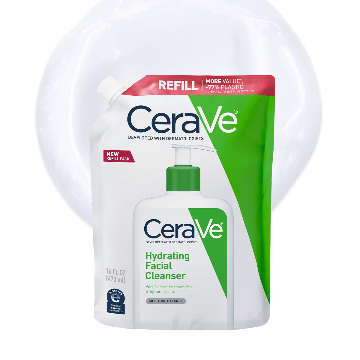 CeraVe front packaging showing 16 oz refill and clear product branding for convenience