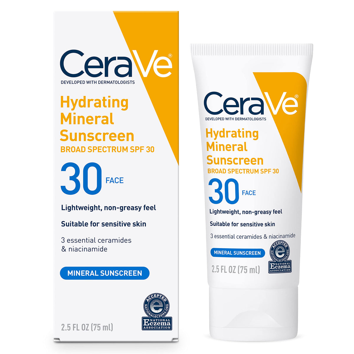 CeraVe front packaging of SPF 30 mineral face sunscreen showing travel tube and benefits