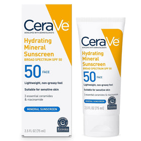 CeraVe front packaging of mineral sunscreen shows SPF 50 protection and benefits