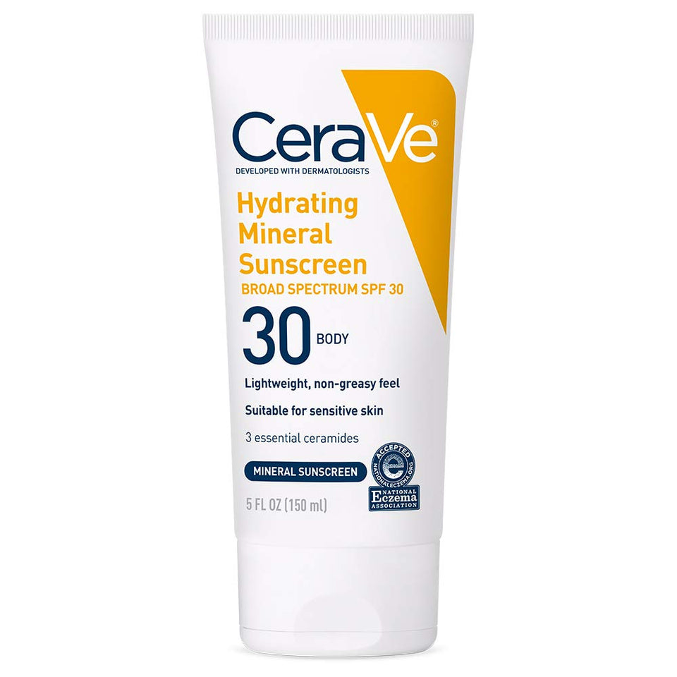 CeraVe front packaging of mineral sunscreen SPF 30 showing size and branding for clear identification
