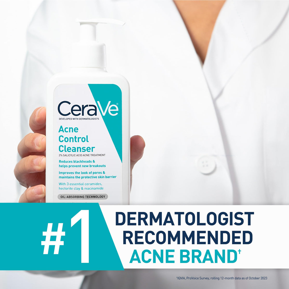 CeraVe pump bottle in hand to show scale and convenient daily-use dispensing benefit