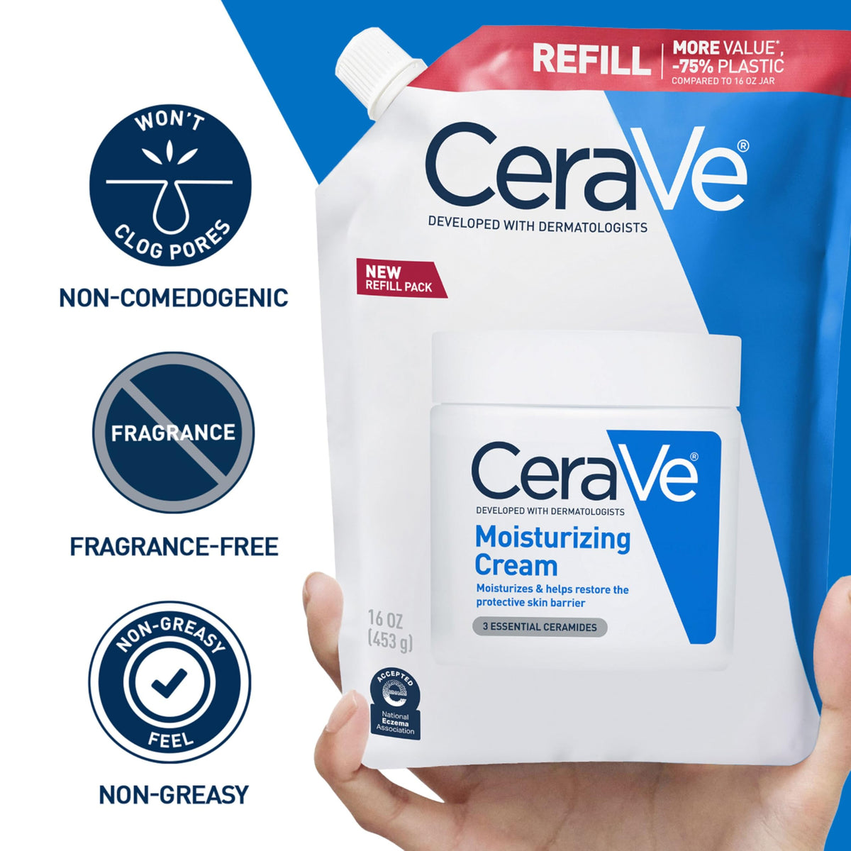 CeraVe refill open cap being dispensed, demonstrates easy transfer and economy