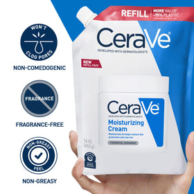CeraVe refill open cap being dispensed, demonstrates easy transfer and economy