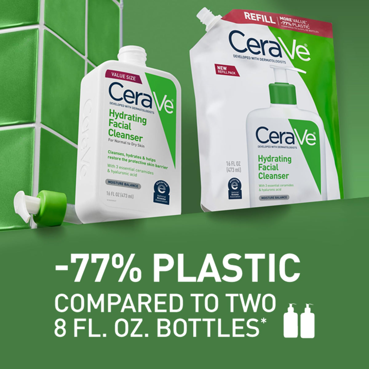 CeraVe refill pouch beside pump bottle demonstrating eco-friendly refill option