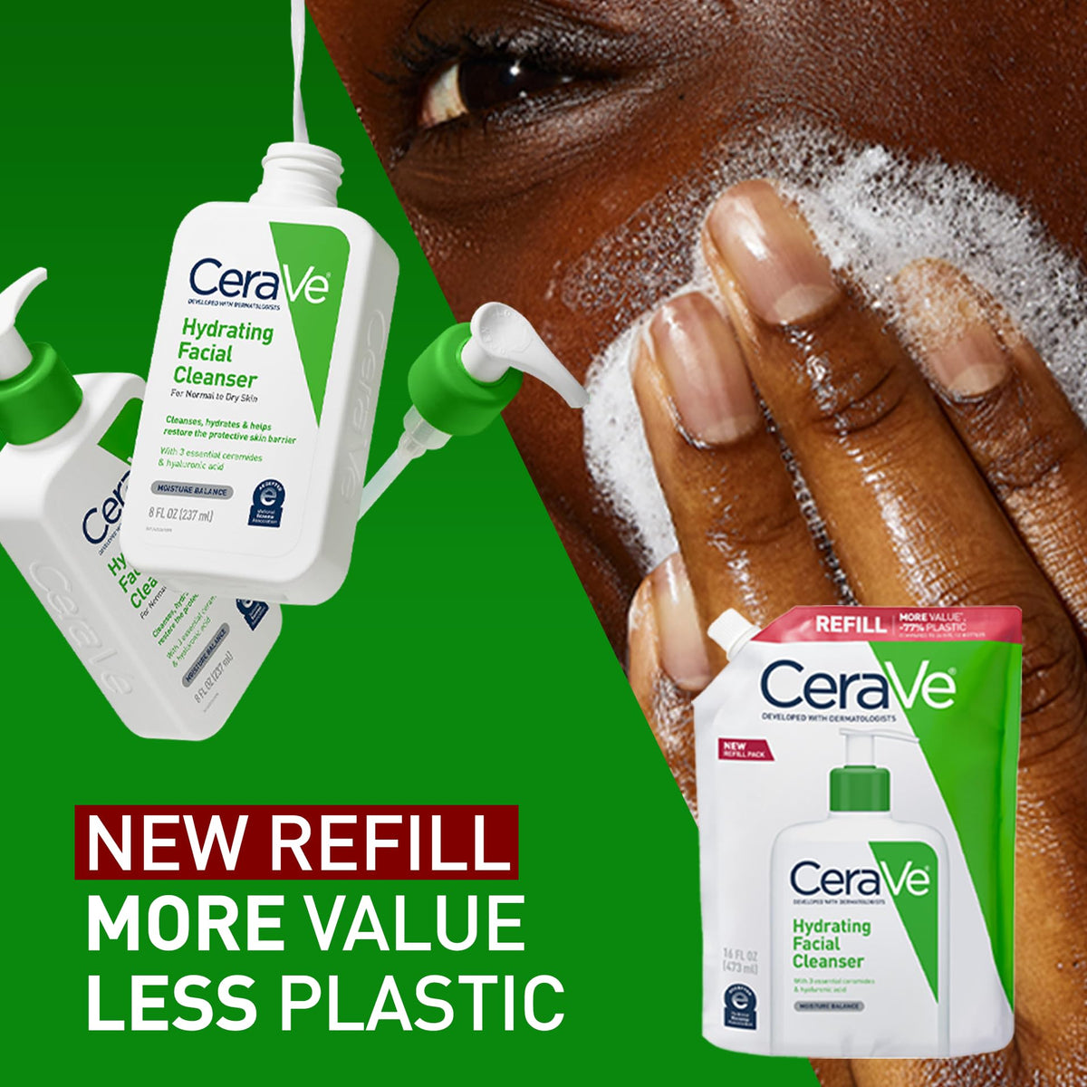 CeraVe 16 oz bottle held next to hand for scale and generous refill supply