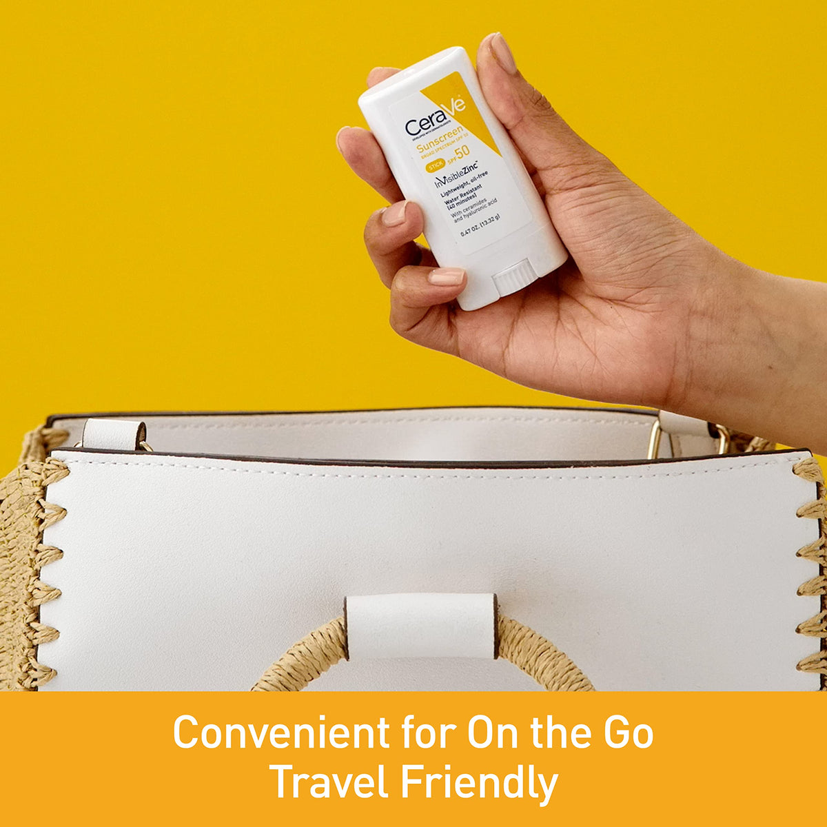 CeraVe stick held in hand illustrating compact travel size benefit