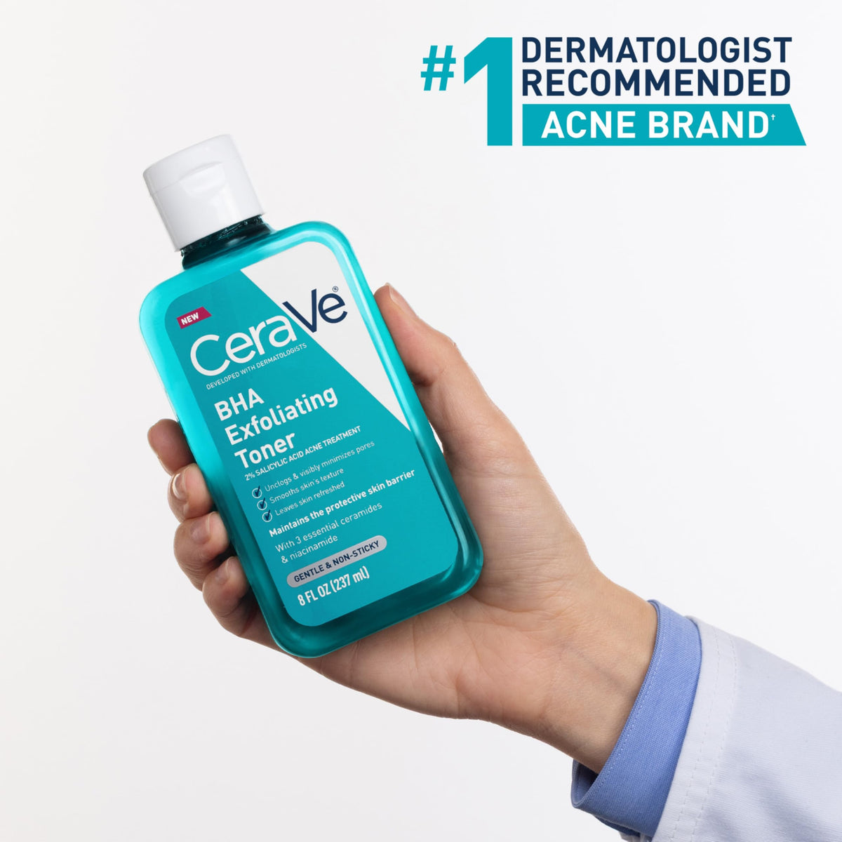 CeraVe bottle in hand for scale to convey 8 oz size and travel readiness
