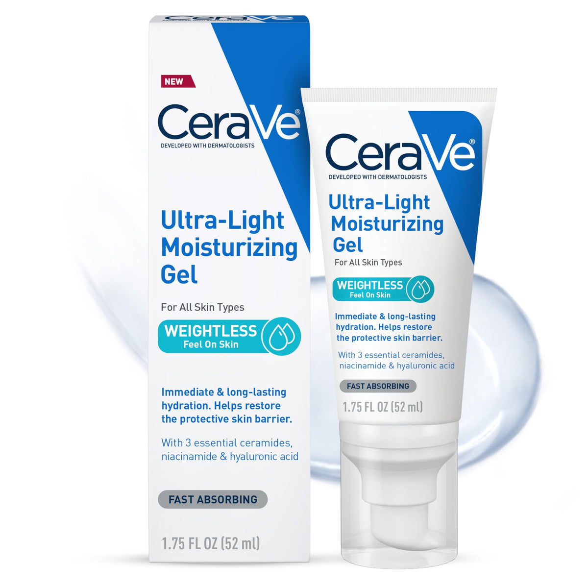 CeraVe front packaging showing bottle and branding, highlights lightweight hydration benefit
