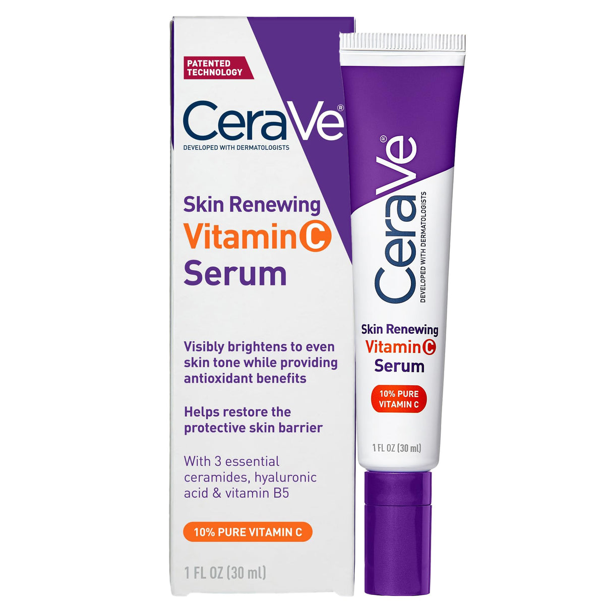 CeraVe bottle front packaging showing formula and 10% vitamin C benefit