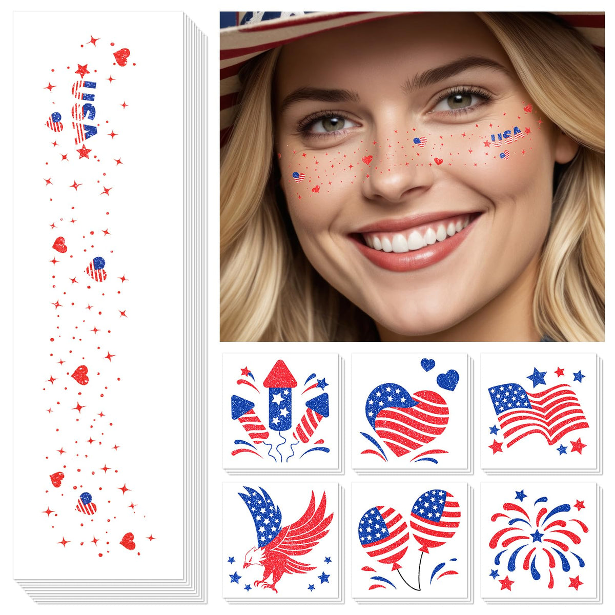 Cerlaza front packaging showing full 40-piece patriotic tattoos kit and benefits