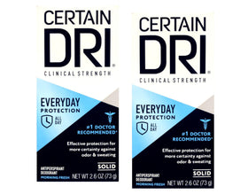 Certain Dri front packaging showing two-stick pack and clear branding for convenience