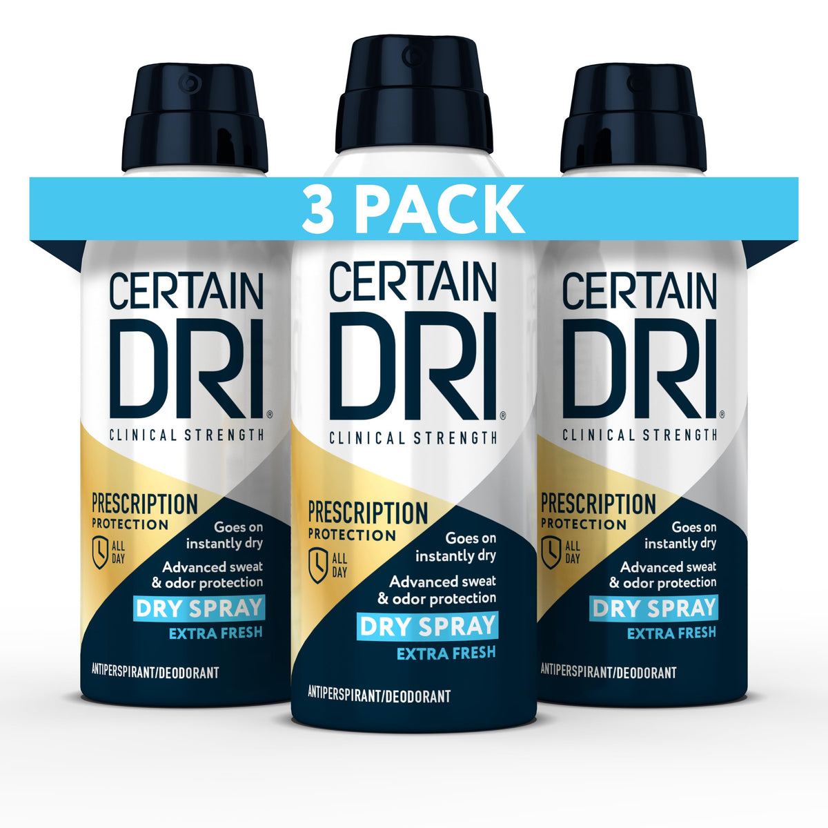 Certain Dri front packaging showing 3-pack and clinical claims for reliable protection