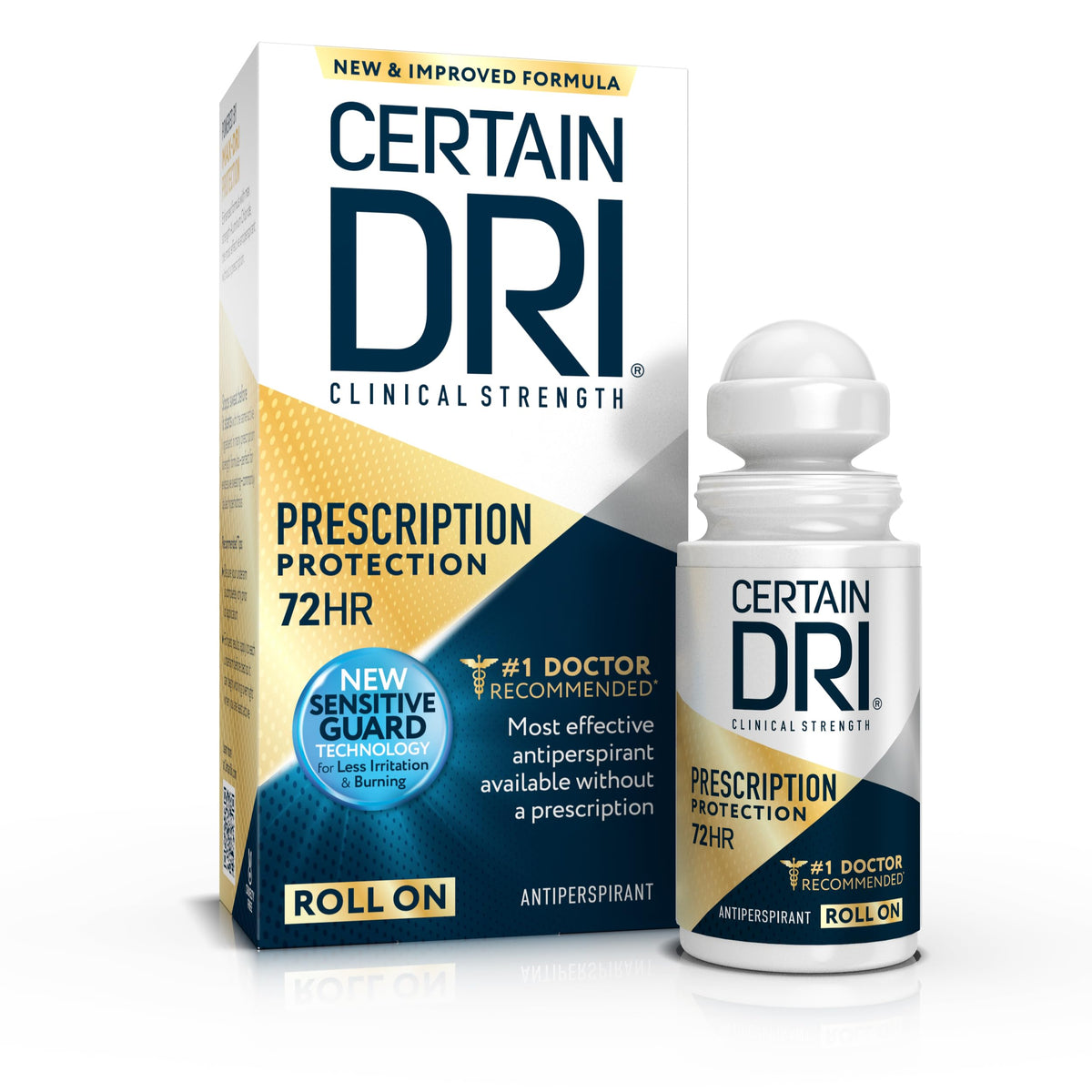 Certain Dri front packaging showing bottle and clear benefits