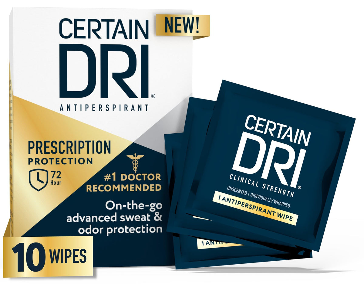 Certain Dri front packaging showing travel-friendly 10 count convenience and protection