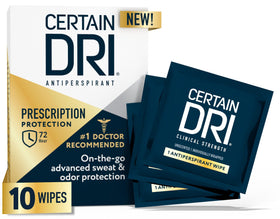 Certain Dri front packaging showing travel-friendly 10 count convenience and protection