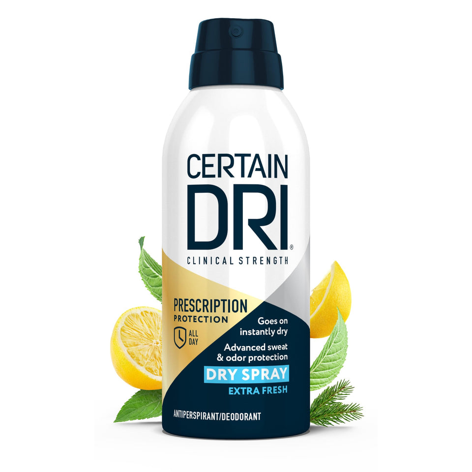 Certain Dri front packaging showing clinical antiperspirant benefits and extra-fresh scent
