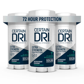 Certain Dri front stick showing powder-fresh scent and long-lasting dryness benefit