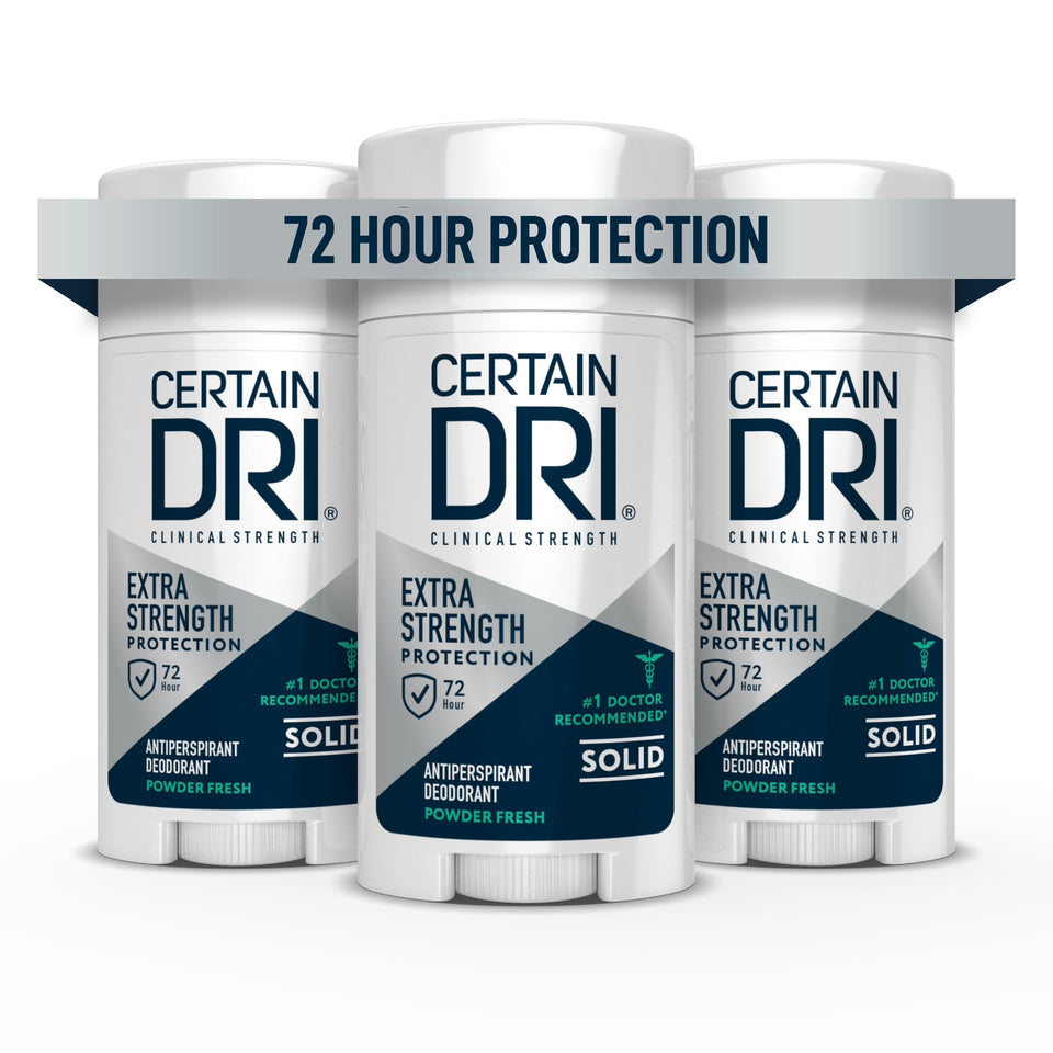 Certain Dri front stick showing powder-fresh scent and long-lasting dryness benefit
