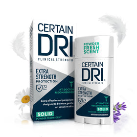 Certain Dri front view of stick showing powder-fresh scent and long-lasting protection
