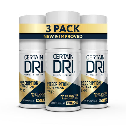 Certain Dri front packaging showing roll-on bottle and clinical strength benefit