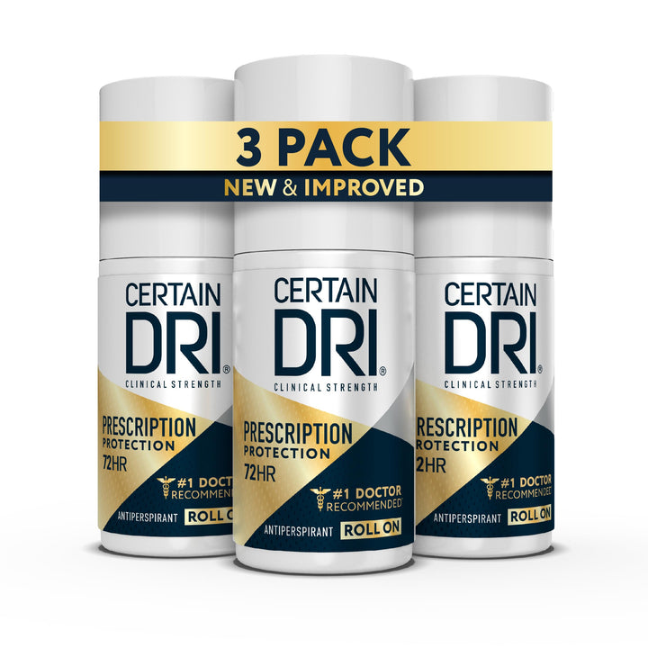 Certain Dri front packaging showing roll-on bottle and clinical strength benefit