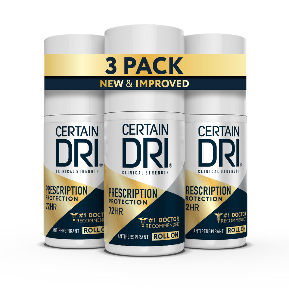Certain Dri front packaging showing roll-on bottle and clinical strength benefit