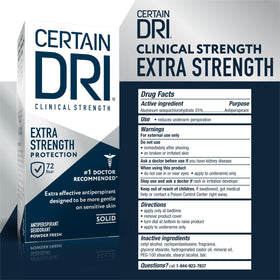 Certain Dri stick next to a passport and phone showing travel-friendly compact size benefit