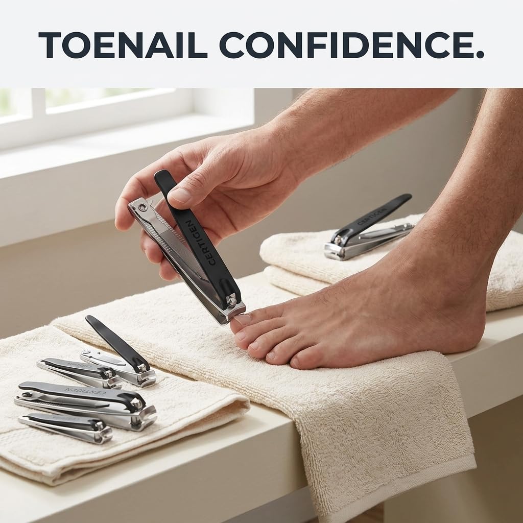 CERTIGEN large toenail clipper held in hand demonstrating leverage and control