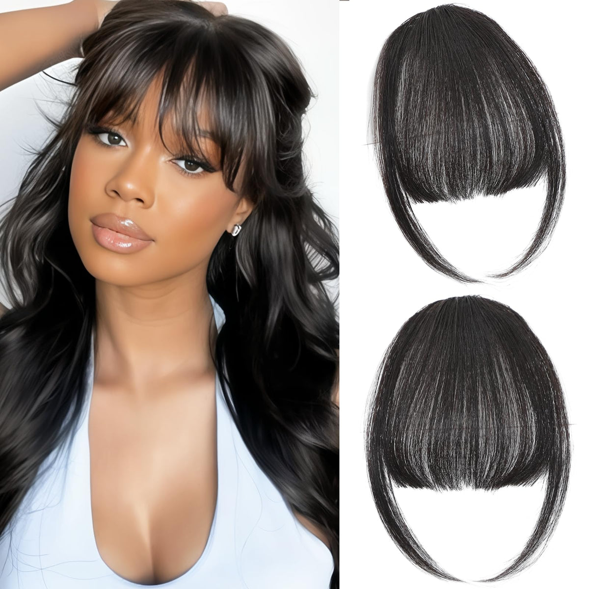 Cesomeey front view showing natural black bangs and realistic finish benefit