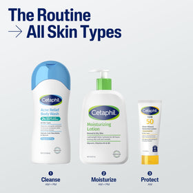 cetaphil being used in shower on back, portrays acne care in routine