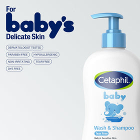Parent using Cetaphil in baby bath for calm, tear-free washing