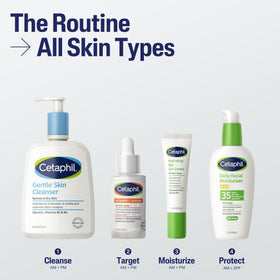 Cetaphil bottle staged with moisturizer and sunscreen for routine benefit