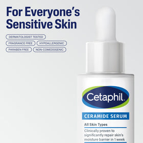 Cetaphil serum applied to clean cheek to show soothing hydration benefit