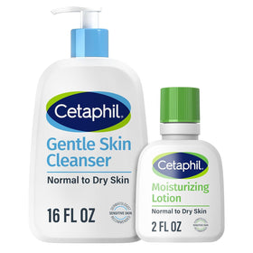 Cetaphil bottle front packaging shows gentle cleanser brand and mild benefit
