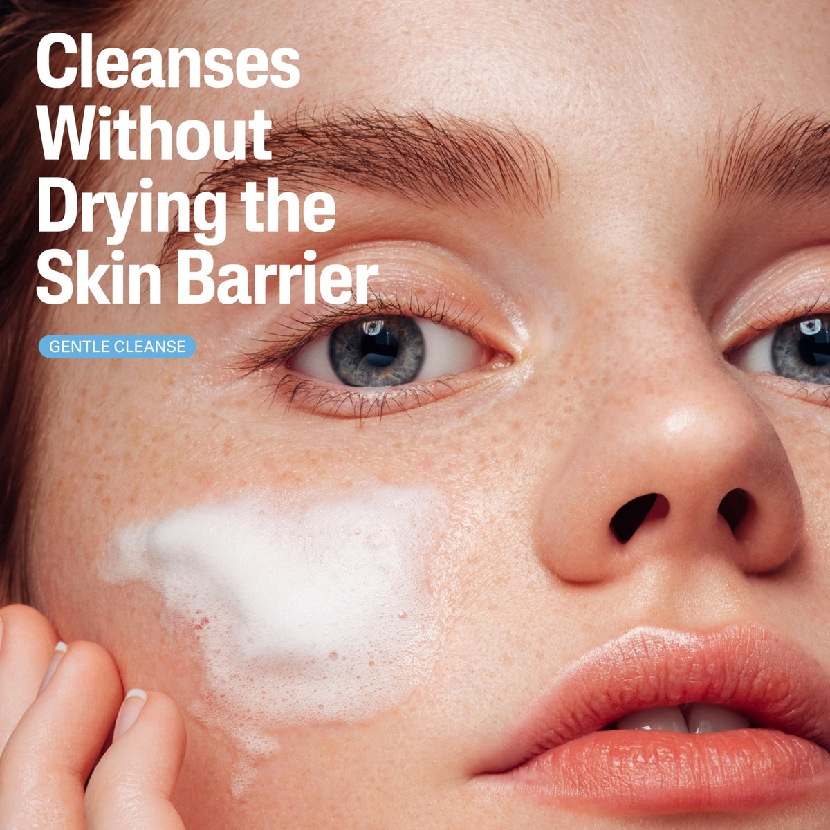 Cetaphil cream-to-foam texture close-up illustrating soft lather