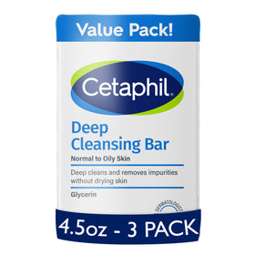 Cetaphil deep cleansing bar front packaging showing gentle cleanser benefits