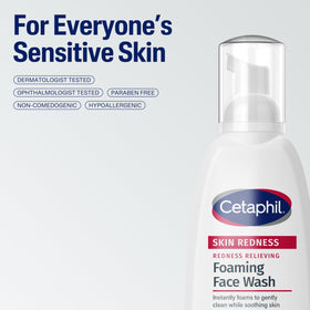 Cetaphil foam on cheek during application demonstrating mild, non-irritating wash