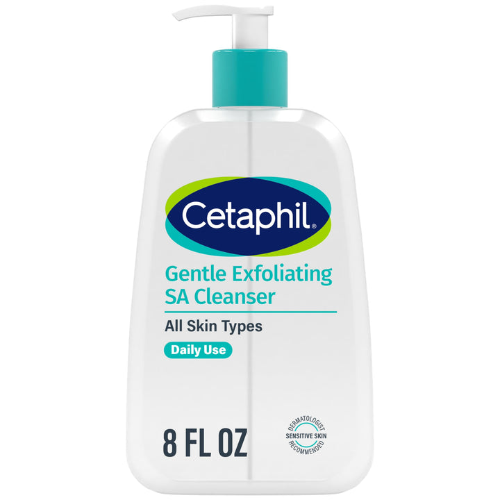 Cetaphil pump bottle front view showing gentle exfoliating cleanser benefits