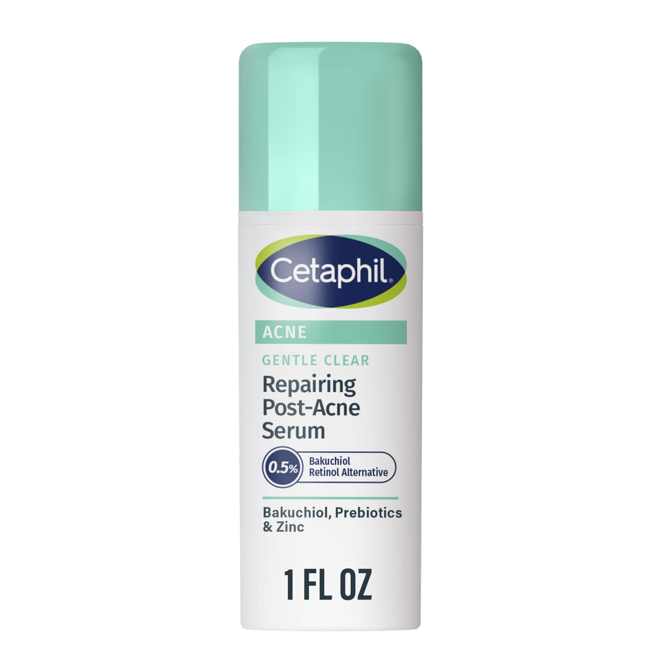 Cetaphil bottle front view showing brand and post-acne serum benefits