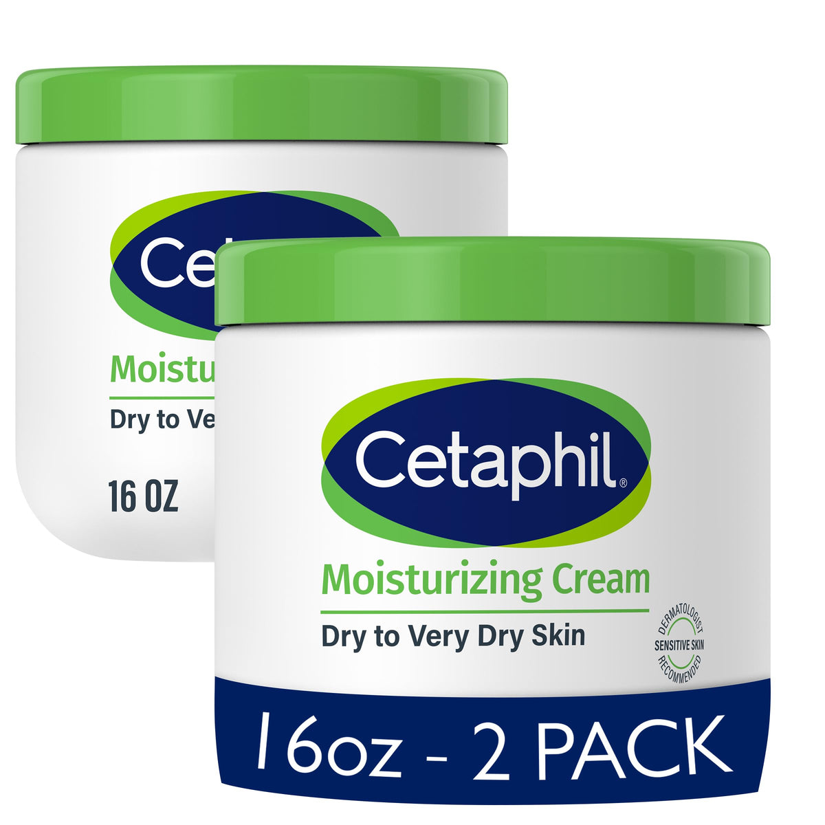 Cetaphil front packaging showing 16 oz 2-pack and long-lasting hydration