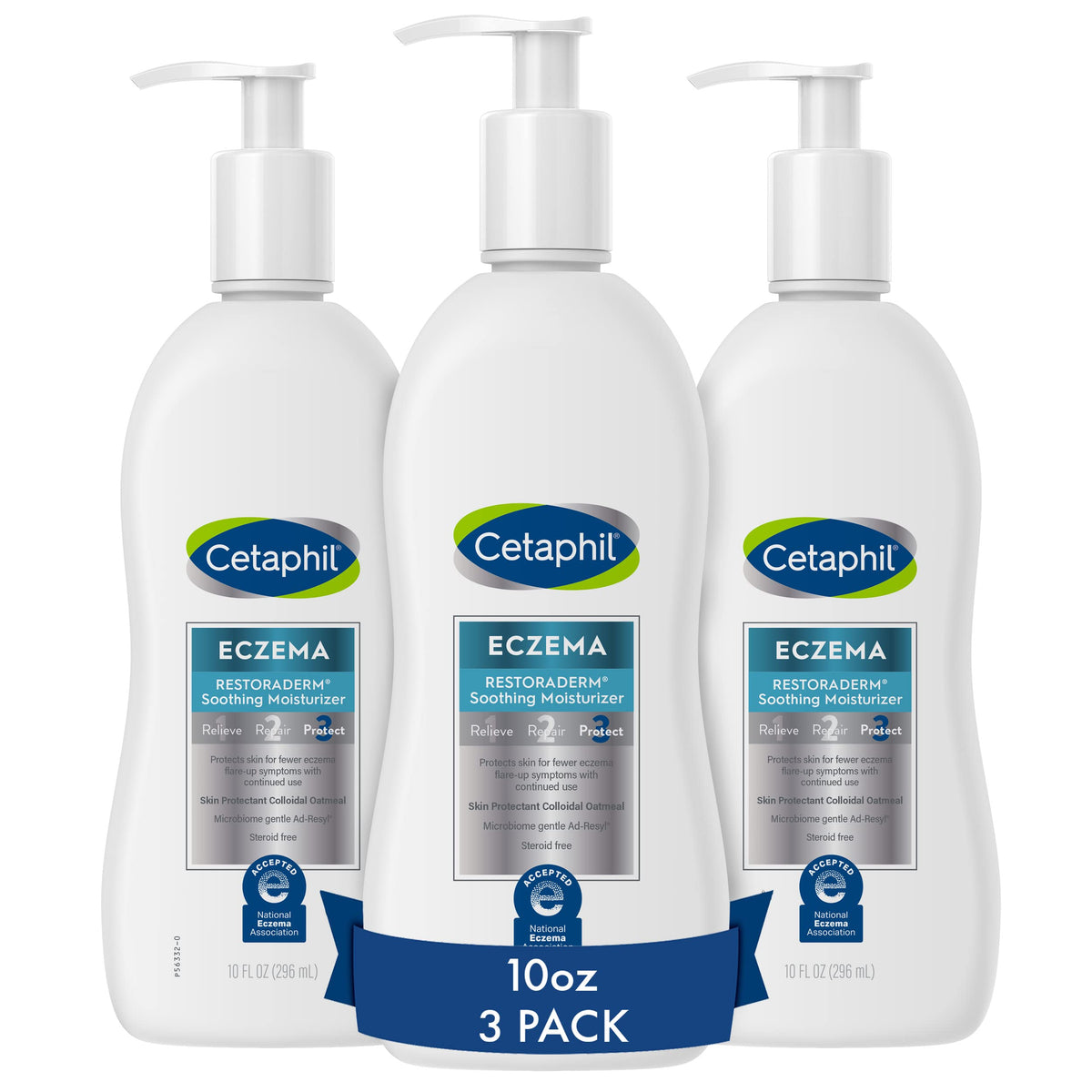 Cetaphil front packaging showing three bottles and benefits