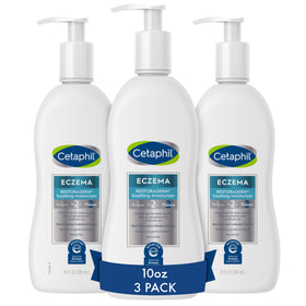 Cetaphil front packaging showing three bottles and benefits